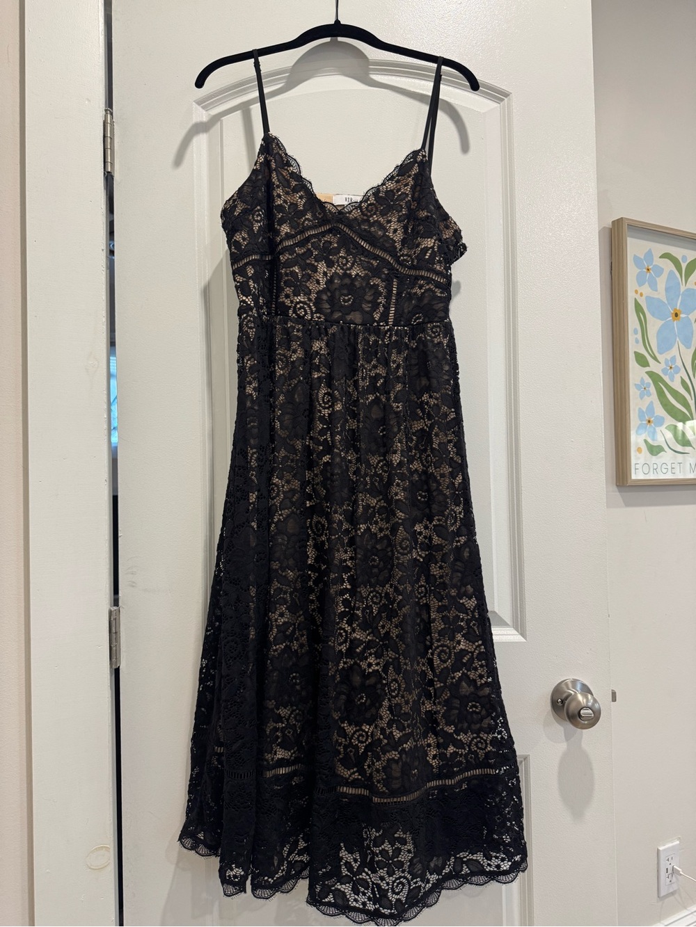 NSR Black Lace Midi Dress with Nude Lining